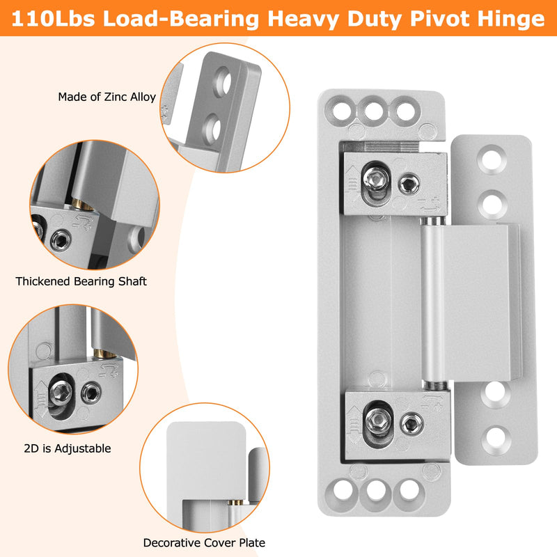 Hidden Door Hinges, 2Pack Adjustable Concealed Hinges 110Lbs Load-Bearing Heavy Duty Pivot Hinge 110° Swinging Invisible Hinges for Secret Doors, Bookcase, Shelf & Murphy Door Silver