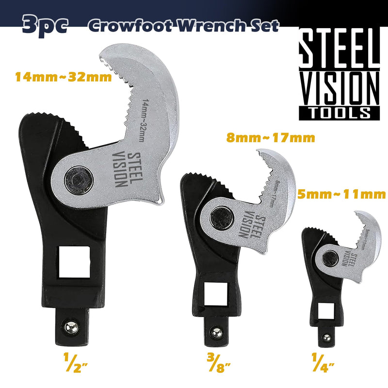3-Piece Adjustable Crowfoot Wrench Set: Spring Loaded Auto Adjusting Wrench, 5–32mm (3/16"–1-1/4"), Self-Adjusting Universal Wrench, Male & Female Square Drives for Ratchet, Breaker Bar, Extension Bar 3pc (5-32mm)