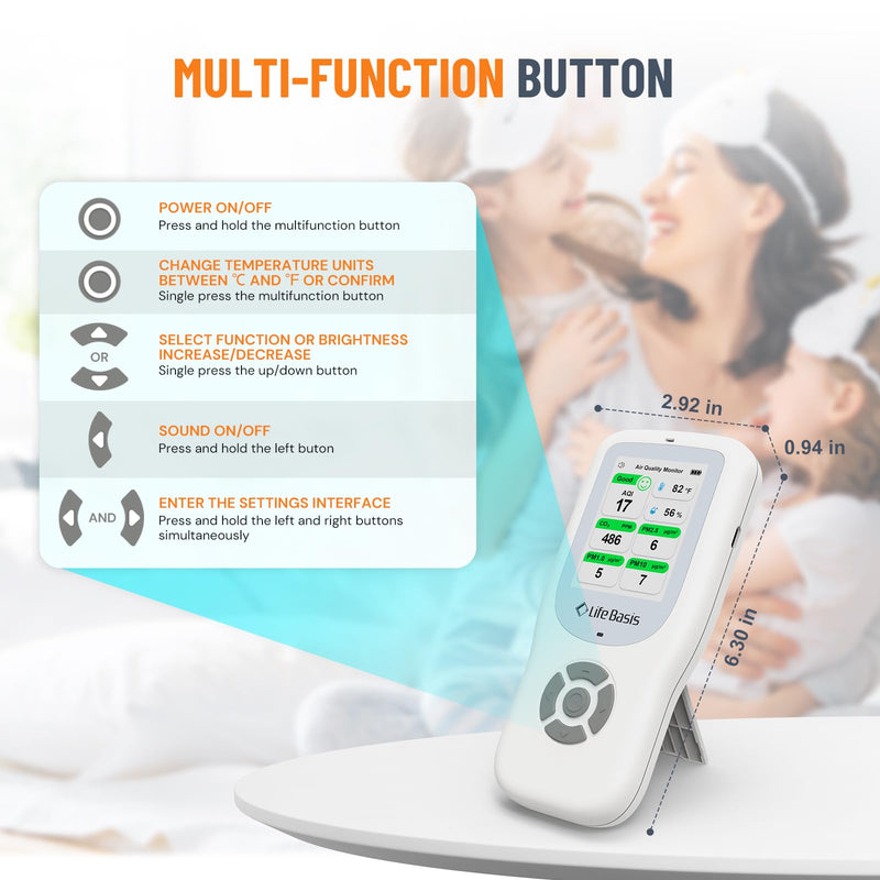 LifeBasis Air Quality Monitor Indoor, 10-in-1 Air Quality Detector with Stand, Real-Time Air Meter Test AQI, PM1.0, PM2.5, PM10, CO2, TVOC, HCHO, Particles, Temperature and Humidity with Alert -White