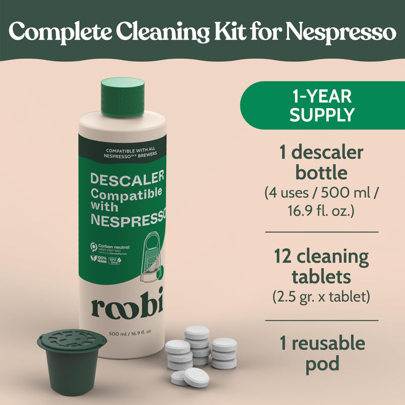 Roobi Descaling and Cleaning Kit Compatible with Nespresso Originaline. Includes 1 Bottle of Descaling Solution, 12 Cleaning Tablets and 1 Reusable Pod. Carbon Neutral. 1 Year Supply. Descaling & Cleaning Kit