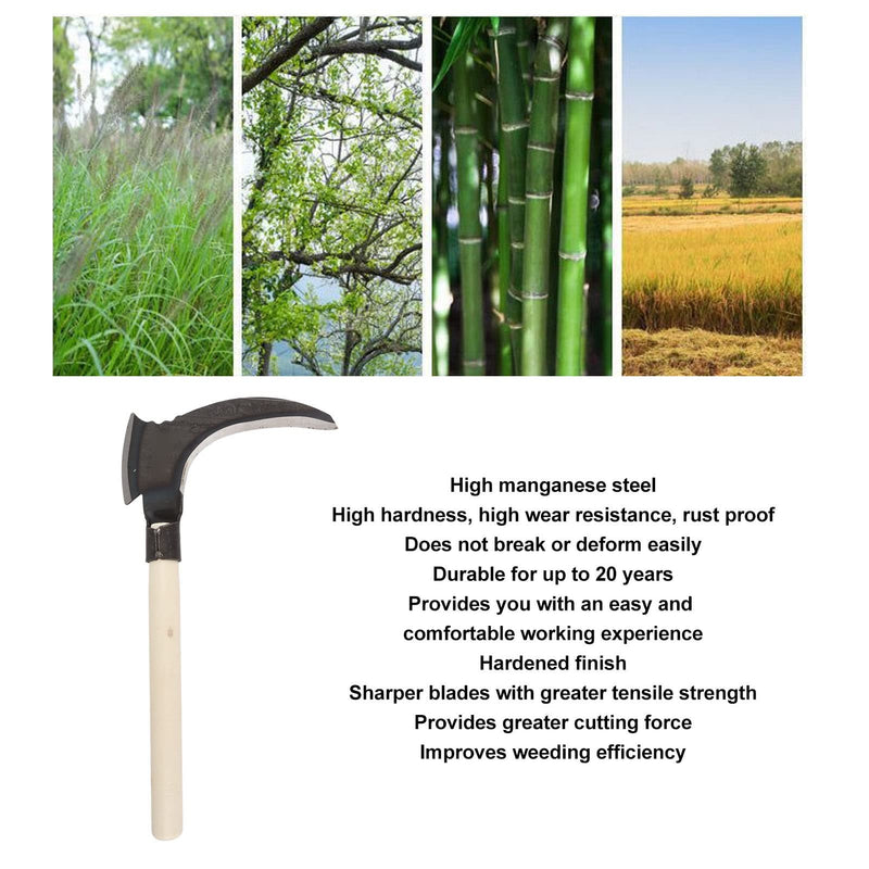 Grass Sickle, Manganese Steel Portable Held Sickle Tool Grass Lawn Gardening Farming Weed Remover Scythe Blade Cutter Grafting Knife for Outdoor Gardening, Clearing Vines Single Cutter Head, Wooden Stick