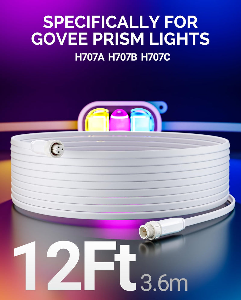 12FT Extension Cable for Govee Permanent Outdoor Lights Prism, Waterproof Outdoor Lights Extension Cord Compatible with Govee H707A, H707B, H707C, White 12FT-1 PACK