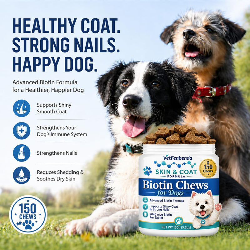 Biotin for Dogs Skin and Coat Supplement Dog Shedding and Dry Skin Support Chews, Dog Nail Strengthener with 58mg Vitamin Biotin per oz, Dried Yeast B-Complex & 42% Protein for All Breeds, 150 Chews