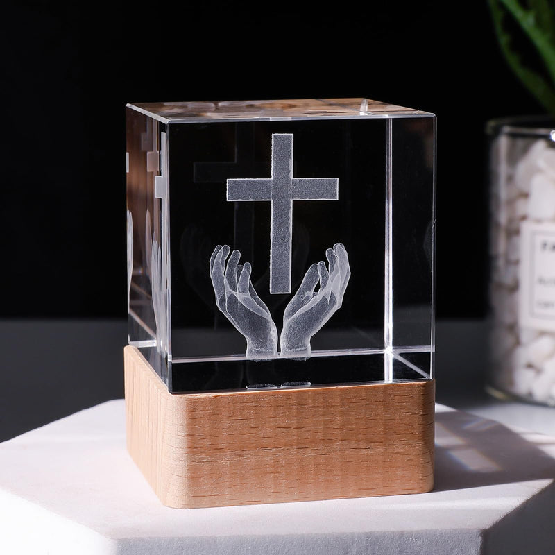 LONGWIN 3D Crystal Praying Hands Christian Gifts for Women Men, Glass Laser Engrave Jesus Cross Figurine 50mm Cube Led Night Light, Religious Gifts