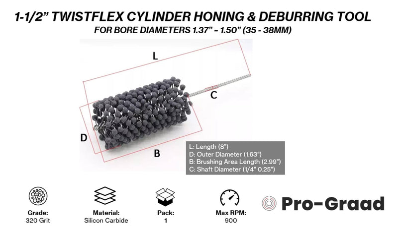 TwistFlex Cylinder Hone | 1-1/2” (38.1mm) 320SC Flexible Cylinder Honing & Deburring Tool | 1.5" Bore Brush for Hole Diameters 1.37” – 1.5” | Silicon Carbide 320 Grit (Pack of 1)