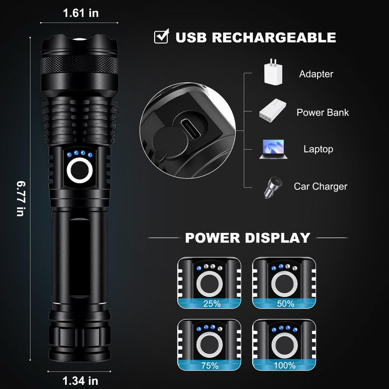 3 Pack Rechargeable LED Flashlights High Lumens, 90,000LM Super Bright Flashlight, Adjustable 5 Modes Powerful Flash Light with USB Cable, Waterproof Handheld Flashlight for Home Camping Emergencies