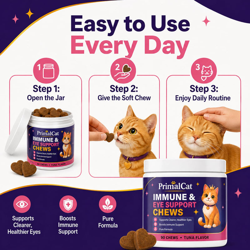 Immune & Eye Support Chews, 90 Primal Cat Immune Chews (Tuna Flavor), Cat Food, Vision Support, Supports Healthy Eyes and Immune Function (90 Chews) 90 Chews