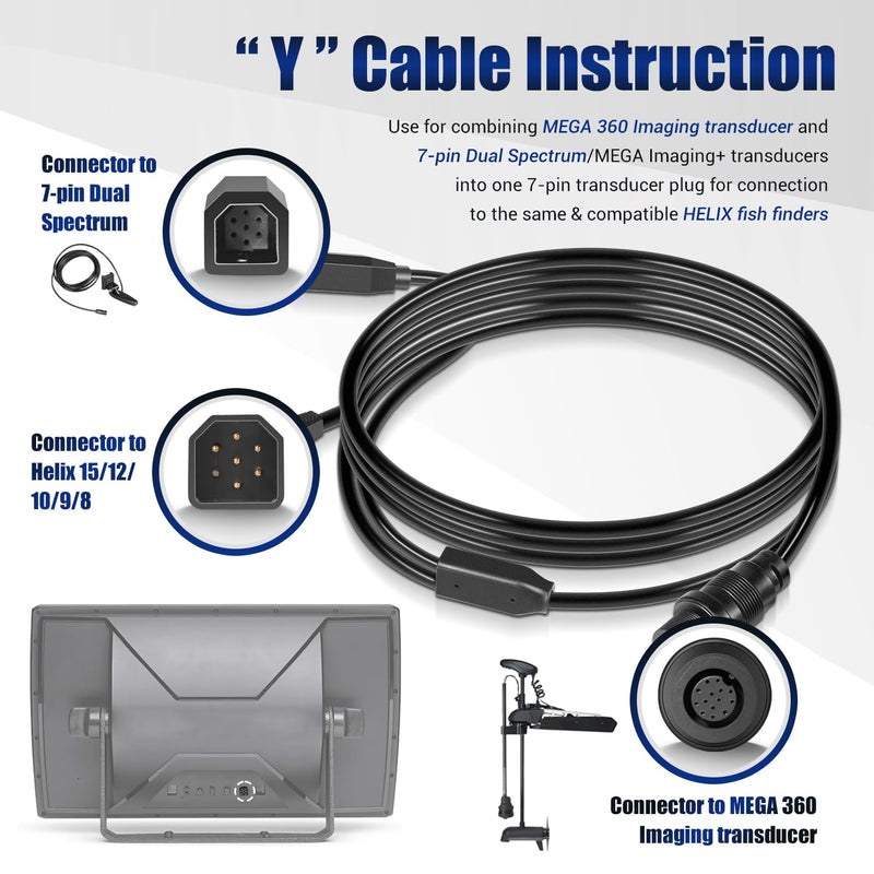 720107-1 Transducer Adapter Cable 10ft. Replace for 9-M360-2-DDI-Y Mega 360 & 2D/MDI 7-Pin Y-Cable, fit for Helix 15/12/10/9/8 Fish Finders, Compatible with MEGA 360
