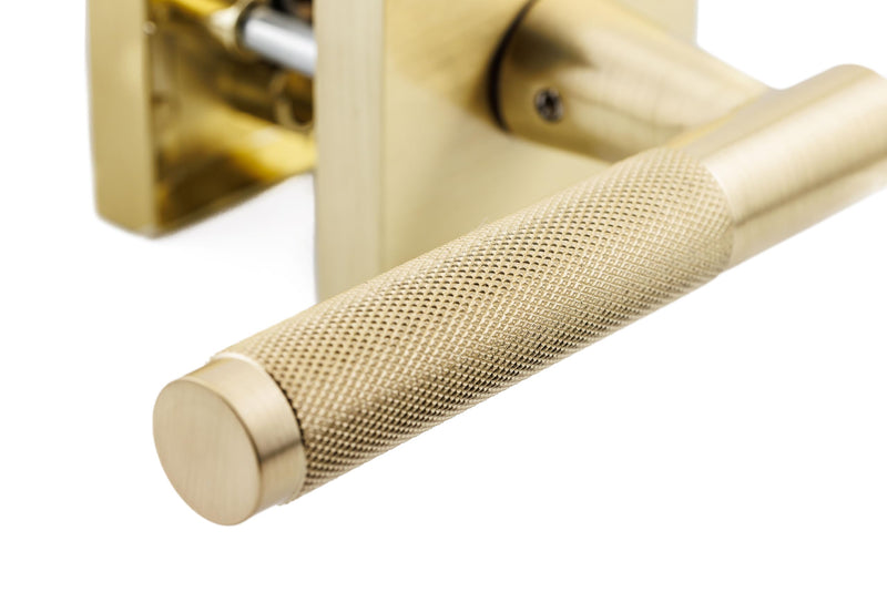 Premium Polished Satin Brass Door Handles for 1 3/8" - 2" Compatible Doors – Soft Gold Handles Interior with Lock - Easy Installation, Reversible, Button Lock (Privacy Lock)- Designed by Architects Privacy (Locking)