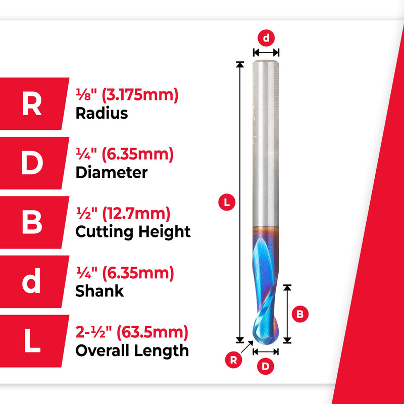 Amana Tool Solid Carbide Spektra Extreme Tool Life Up-Cut Spiral Ball Nose Router Bits, 46426-K 1/8 R x 1/4 D x 1/2 CH x 1/4 SHK x 2-1/2 Inch L x 2 Fl