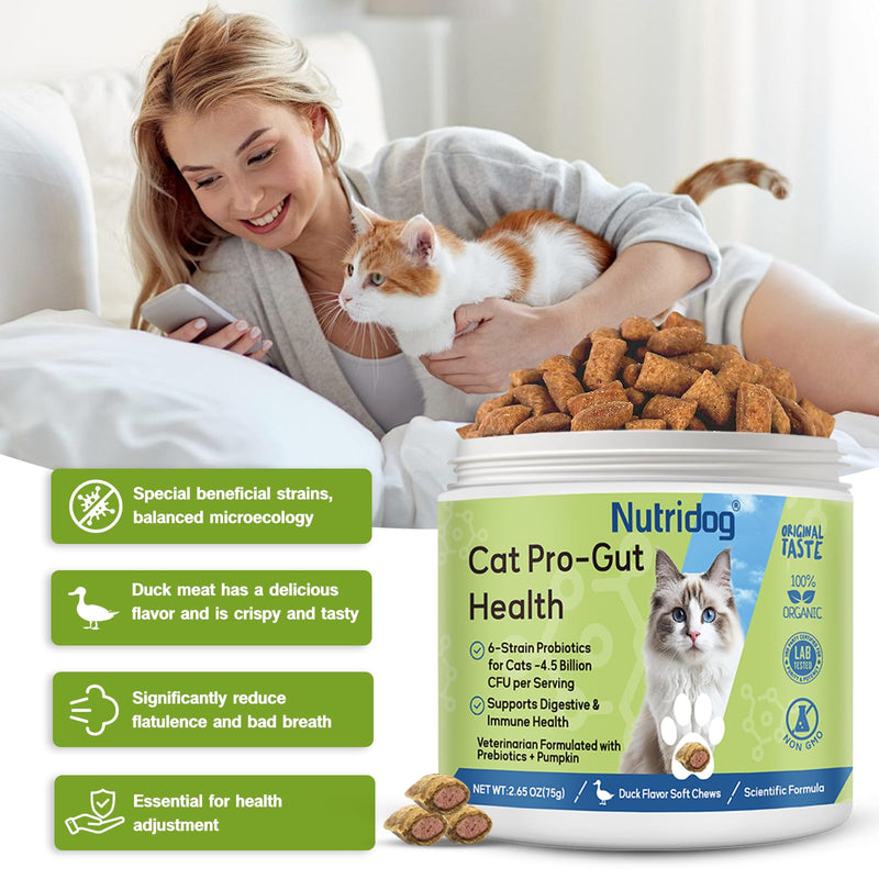 Cat Probiotic for Digestive & Gut Health - 150 Dual Texture Crunchy & Creamy Bites - Relief for Constipation, Diarrhea & Sensitive Stomach with Prebiotics & Taurine - Duck Flavor 150 Count