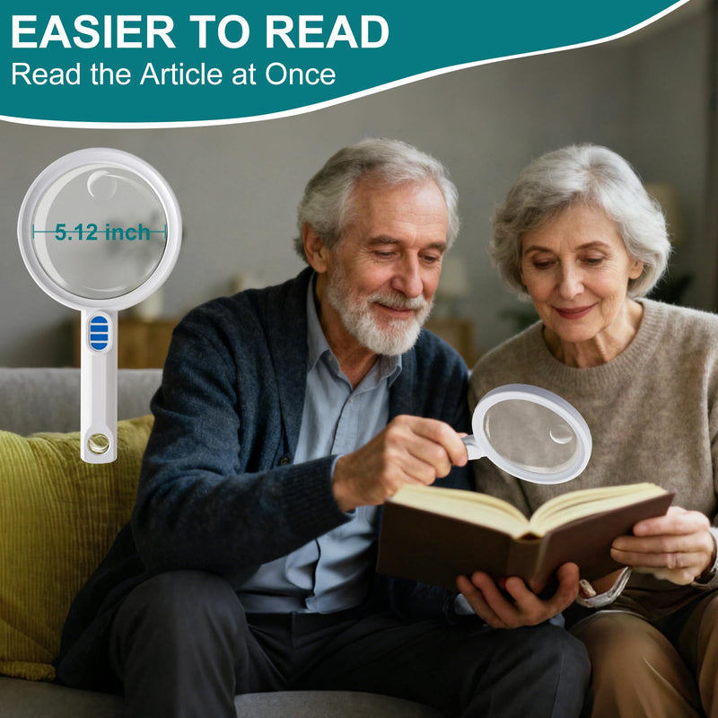 Large Magnifying Glass with Light 5.12" Rechargeable Magnifier with 5 Color Modes & 20 Level Brightness, 10X 20X 45X Handheld Magnifying Glass for Seniors Reading Coin Inspection