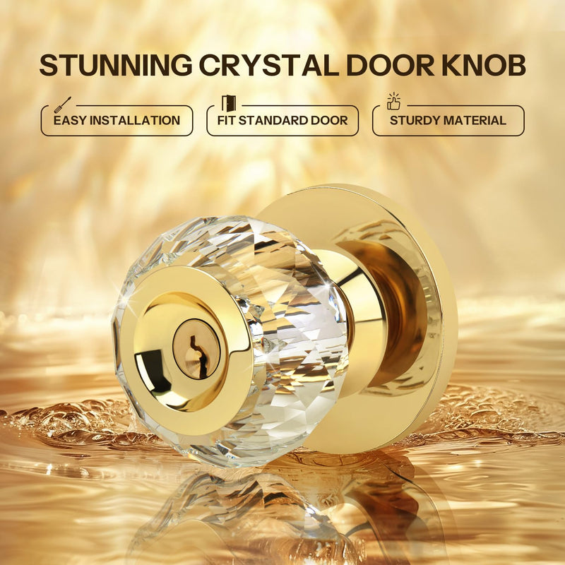 Crystal Door Knobs with Lock and Keys, Interior Crystal Glass Door Knobs with Privacy Lock Diamond Crystal Door Knob for Bedroom Bathroom, Gold 1 Pack Privacy function (with key)