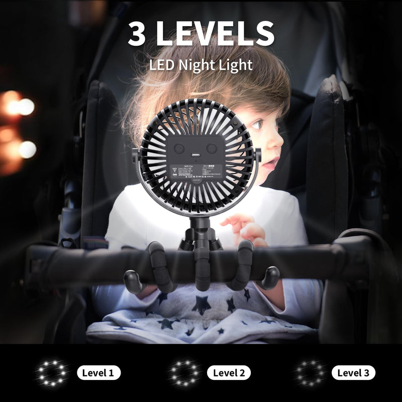 AMACOOL Battery Operated Stroller Fan, Baby Travel Essentials for Beach Disney, Newborn Boy & Girl Showers Gifts Registry Search, Rechargeable Clip On Fan for Car Seat Wagon Crib Bike Treadmill Black