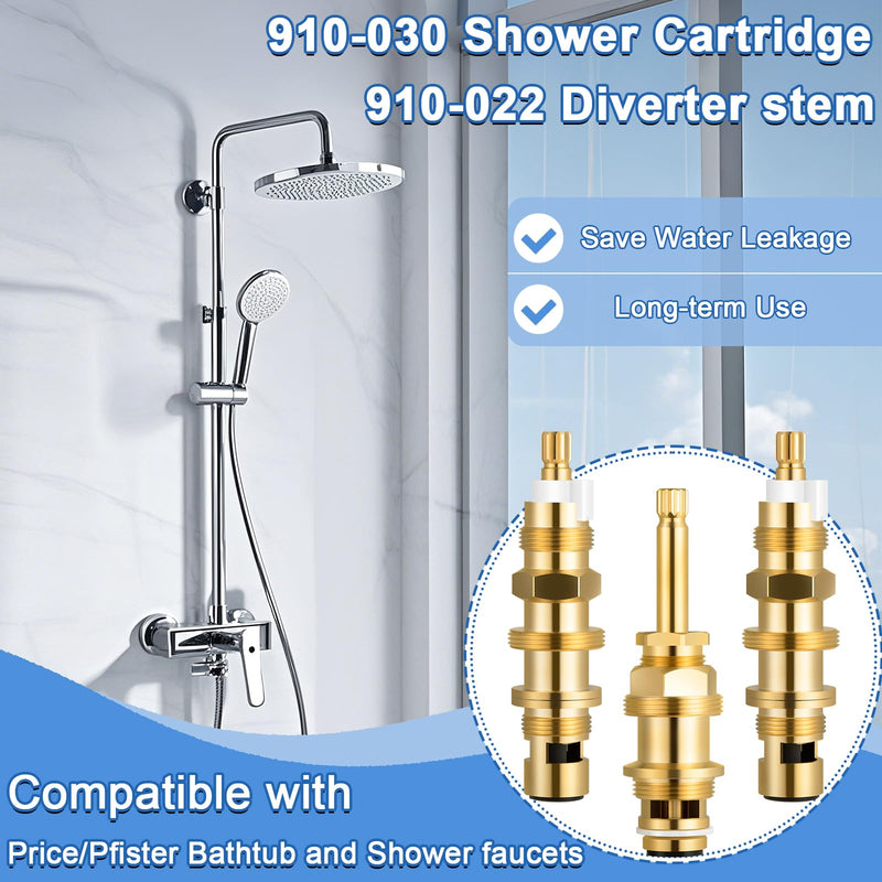 910-030 Ceramic Disc Cartridge Replacement and 910-022 Diverter Stem, Compatible with Price/Pfister Shower Valve and Faucet Stem, include Hot Cold and Diverter, Brass Construction