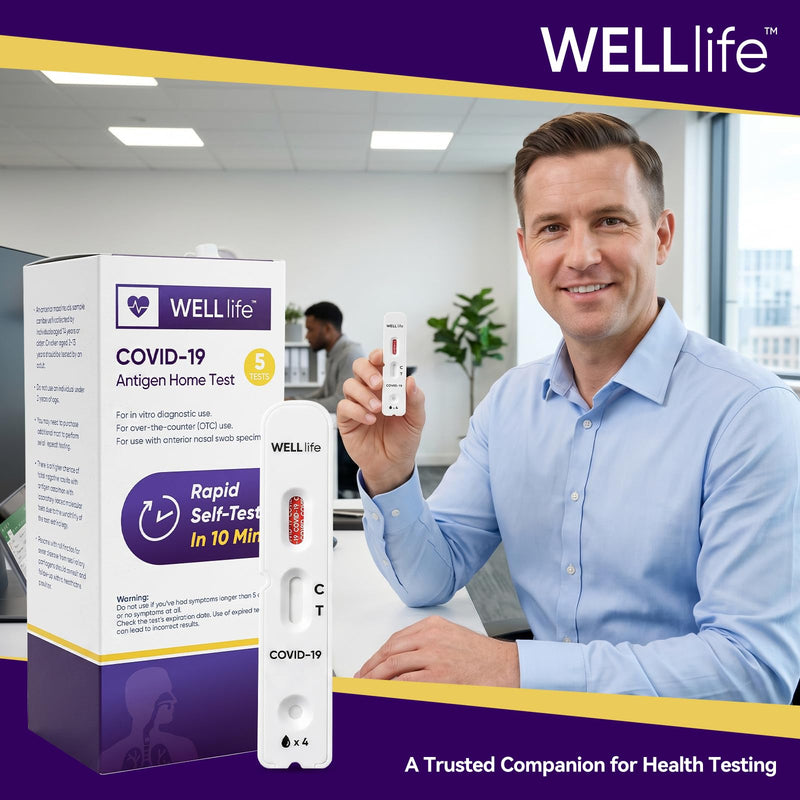 WELLlife COVlD-19 Antigen Home Test, Covid Tests 5 Pack, Results in 10 Mins | OTC Non-Invasive Nasal Swab Test, Suitable for Aged 2 and Up, Ideal for Family, School, Workplace and Travel Screening