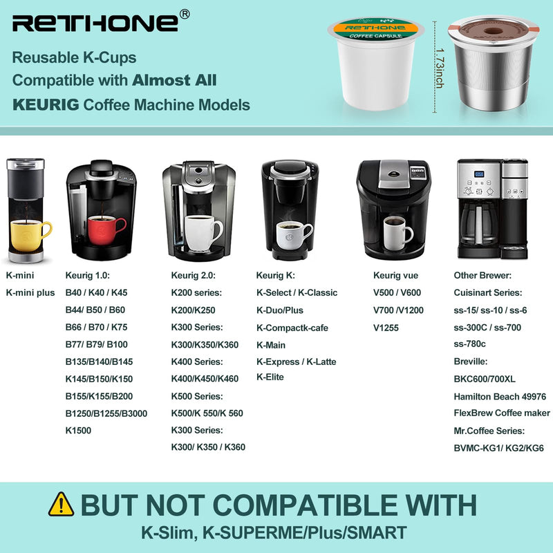 RETHONE K Cup Reusable Coffee Pods, Stainless Steel Reusable K Cups Compatible with Keurig 1.0 & 2.0 Coffee Machines Brewers Refillable K Cups (2 Pack) 2 PACK