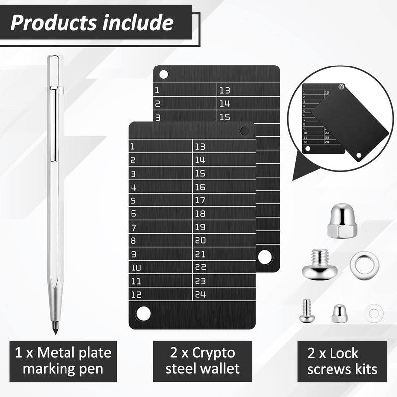 2 Pcs Crypto Wallets and 1 Pcs Metal Plate Marking Pen, Cryptocurrency Wallets for Hardware Cold Backups Seed Storage for Bitcoin Compatible with Bip39 Hardware(Black) Black