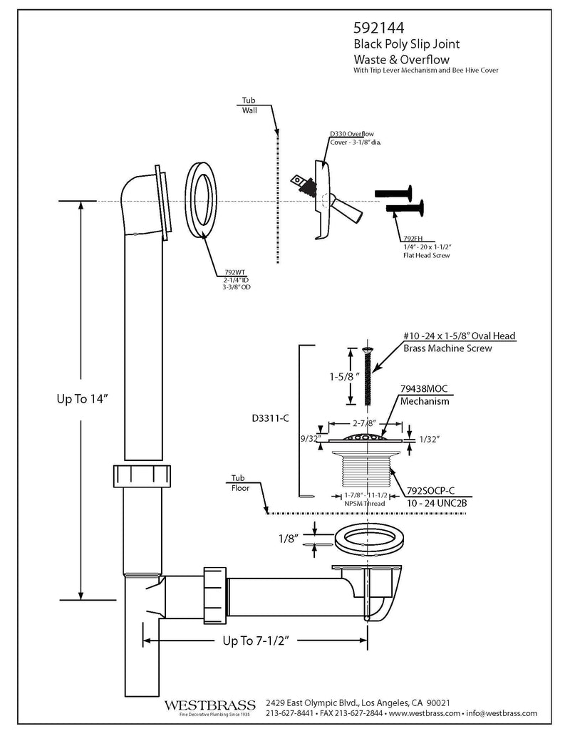 Westbrass A592144-07 1-1/2" x 14" Black Poly Tubular Bath Waste & Overflow Assembly with Trip Lever and Beehive Strainer Grid Drain Cover, Satin Nickel