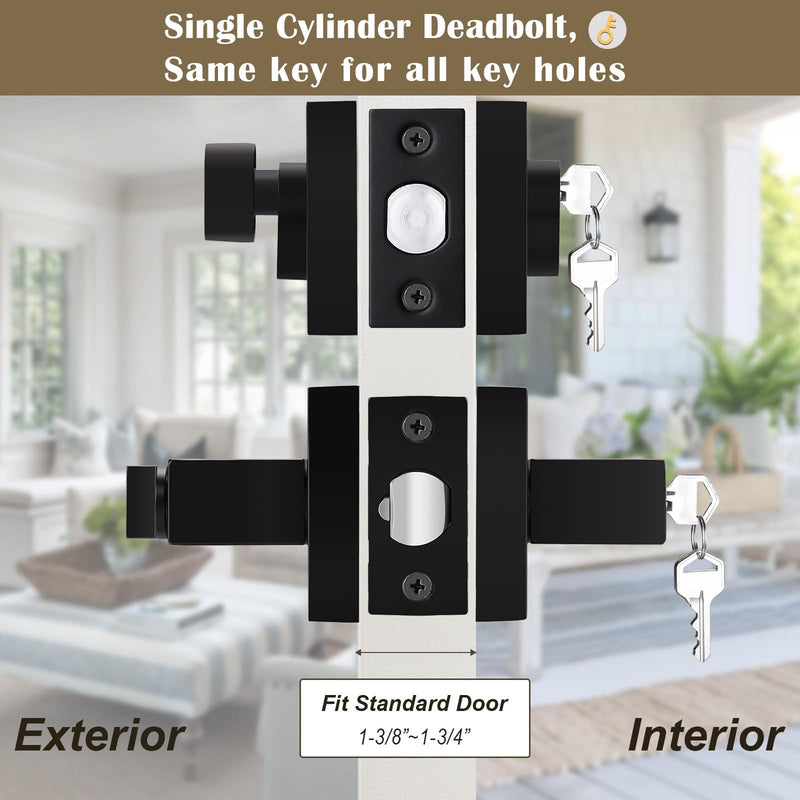 1 Pack Keyed Entry Door Lever and Single Cylinder Deadbolt Set, Keyed Alike Reversible Lockset, Matte Black Square Interior/Exterior Handleset for Bedroom, Front Door 1 Pack Modern Mattte Black