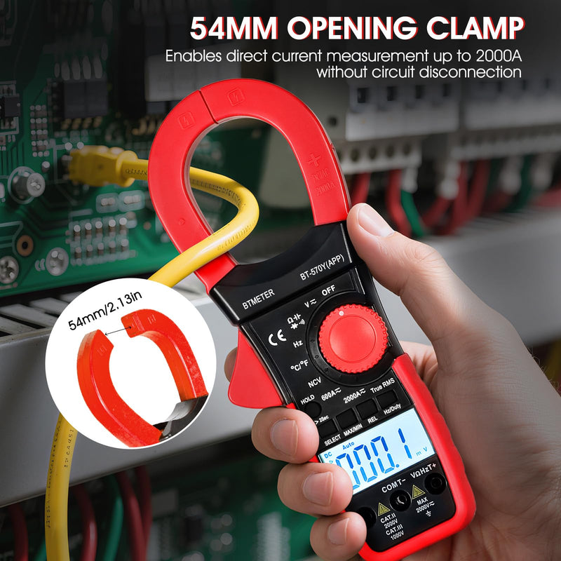 BTMETER Digital Clamp Meter Multimeter, 6000 Counts Bluetooth Multimeter, 2000A AC/DC Amp Tester, Measures Voltage, Ohms, Capacitance, Frequency, Temperature, NCV with Data Logging 570Y-APP