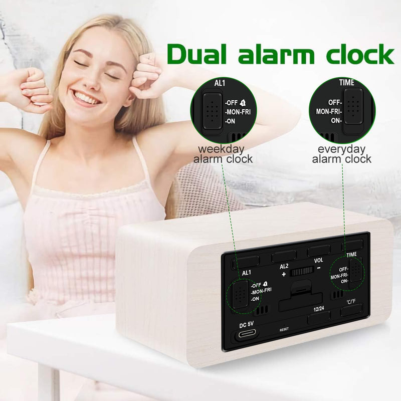 MOSITO Digital Wooden Alarm Clock with Wireless Charging, 0-100% Dimmer, Dual Alarm, Weekday/Weekend Mode, Snooze, Wood LED Clocks for Bedroom, Bedside, Desk, Kids (White) White