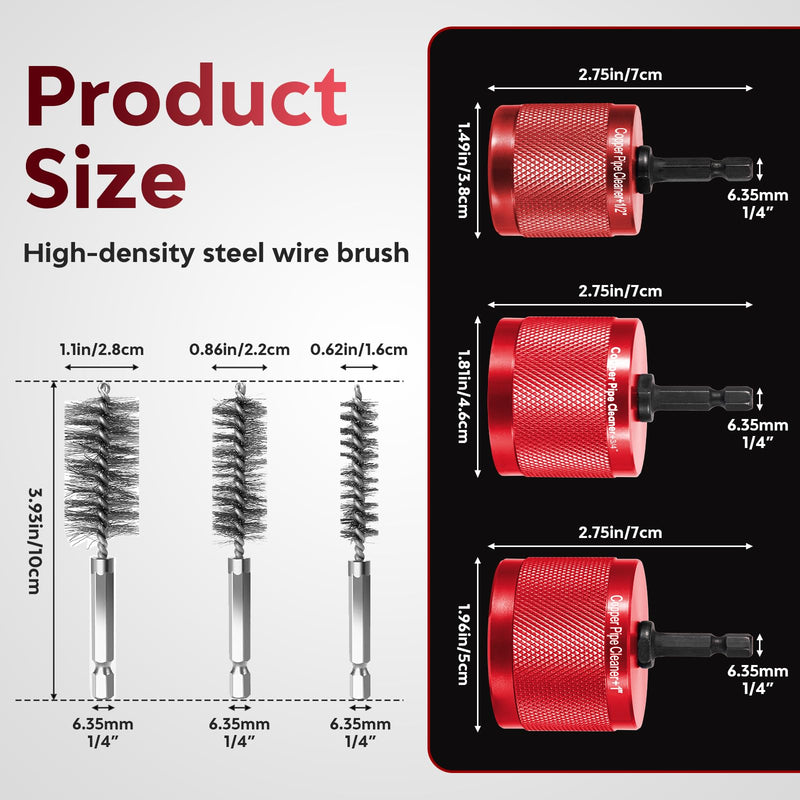 1/2" & 3/4" & 1" Copper Pipe Cleaner for Drill, with 1/4 Hex Shank & 3 Stainless Steel Wire Brushe, for Cleaning Rust, Stains, Paint on Copper Pipes and Various Metal Pipes(Red) Red