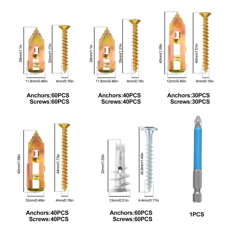 460pcs 5 Different Sizes Self Drilling Drywall Anchors Kits, Anchor and Screw Combination with Cross Groove Drill Bit