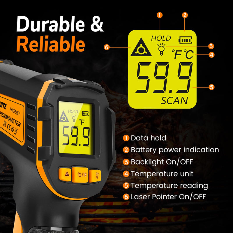 Infrared Thermometer Digital Temperature Gun Laser Meat Thermometer for Cooking, Food, Pizza Ovens, Grilling, Engine, Candy, Laser Griddle, Indoor HVAC Refrigerator Tool -58°F to 1112°F (-50℃~600℃)