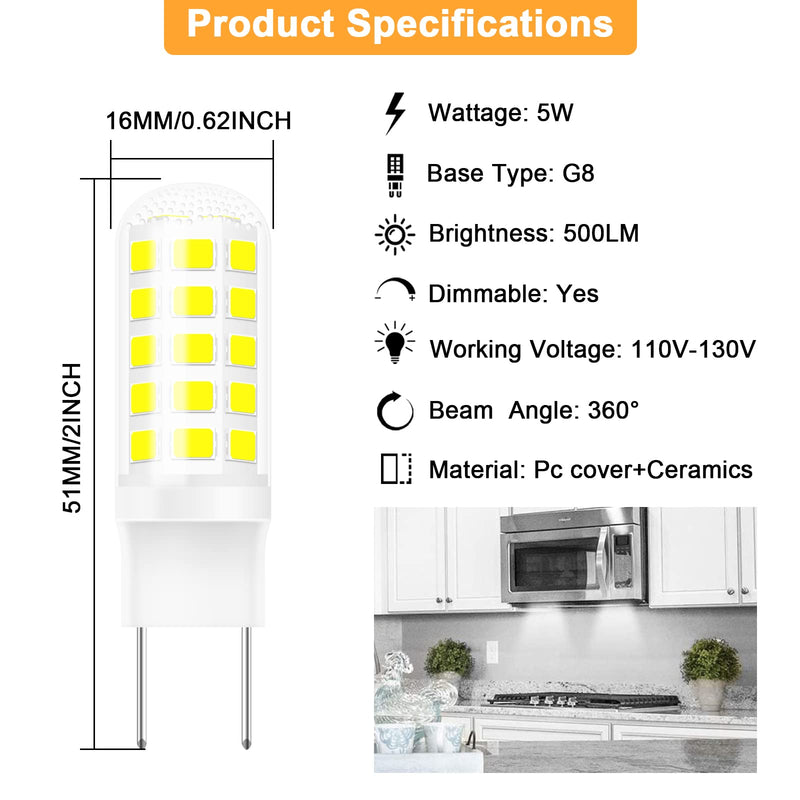 G8 Led Bulb Dimmable Under Microwave Light Bulb 50W Halogen Replacement for GE Samsung LG Over The Range Microwave Hood, 120V 5W 500LM Daylight White 6000K, Replaces WB08X10057 WB08X10051, 2-Pack Daylight White-5w