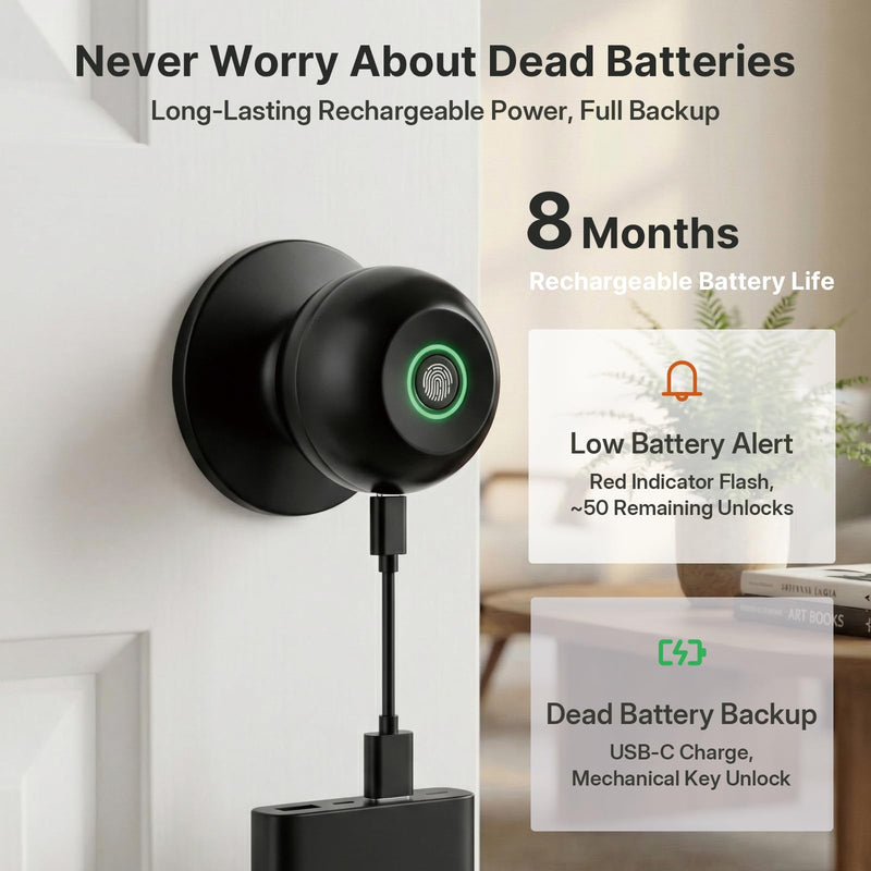 Fingerprint Door Knob, Smart Door Knob Lock with Bluetooth App Control and Backup Keys, 3-in-1 Biometric Door Lock for Bedroom, Home Office and Apartment, Matte Black