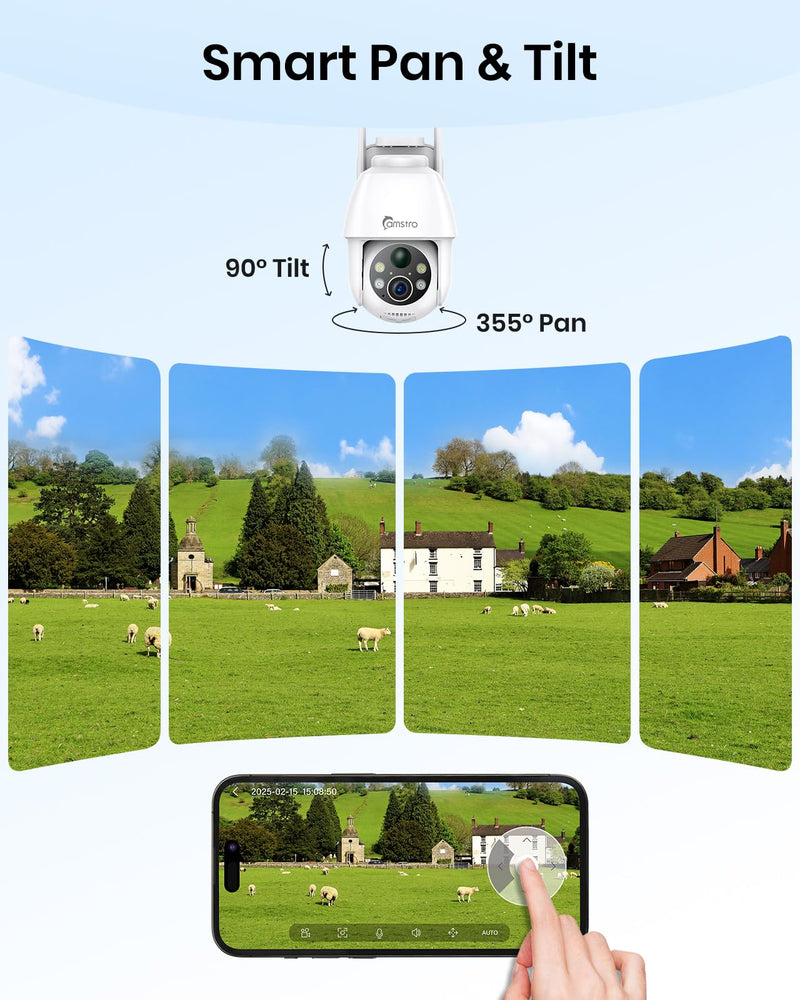 2K Solar Security Camera Wireless Outdoor,2.4G WiFi & 360˚ PTZ Battery-Powered Camera,PIR Sensor,Color Night Vision,AI Motion Detection,2-Way Audio,Alexa/Google Assistant,SD Card/Cloud Storage 2K 1pack