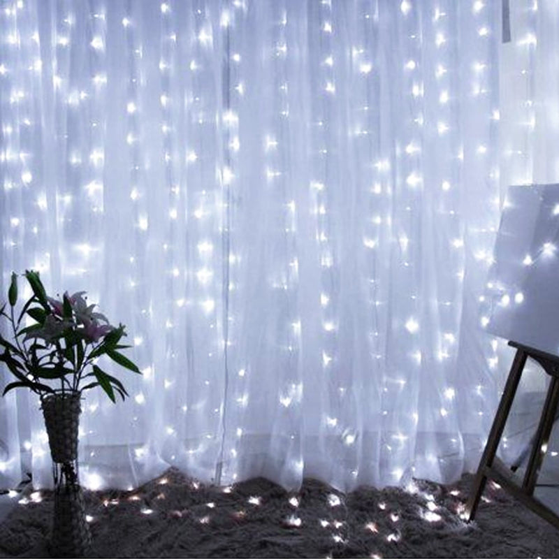 Dazzle Bright Curtain String Lights, 300 LED 9.8ft x 9.8ft 8 Lighting Modes Fairy Lights USB Powered, Waterproof Lights for Christmas Party Wedding Outdoor Indoor Wall Decorations (White) White