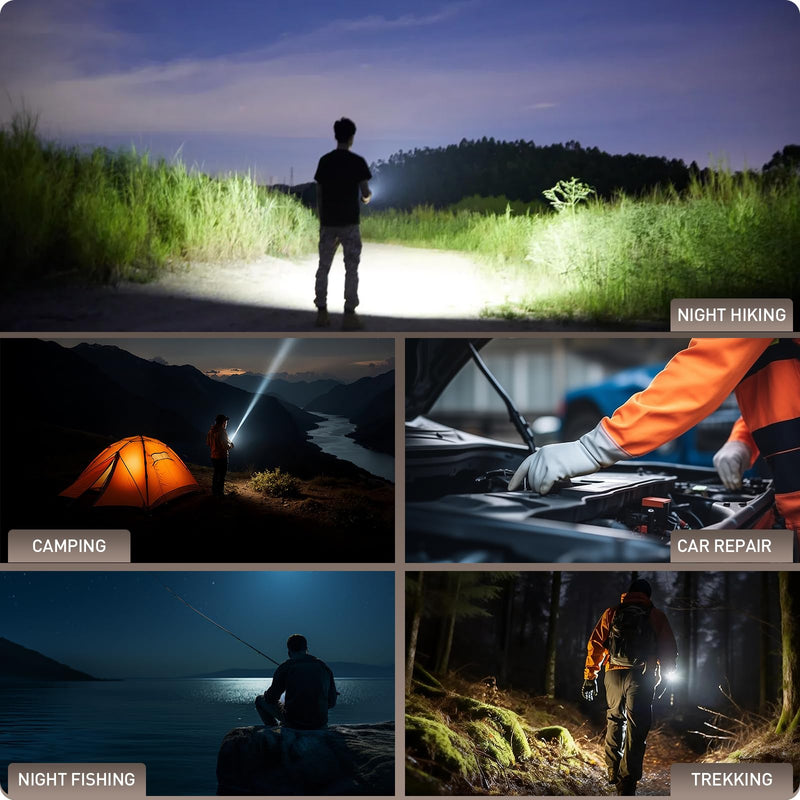 FORTO Compact Rechargeable Spotlight with Adjustable Focus, Handheld Spot Light with Stand, 823m Range, 3 Light Modes and LED Spot Lights Outdoor for Boating Hunting Camping Hiking Brown Basic