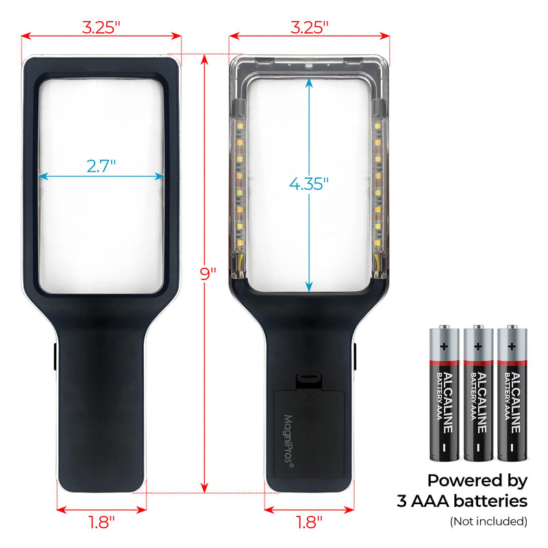 MAGNIPROS Patented 3X Large Magnifying Glass with Light | 3 Color Light Modes | Anti-Glare Lens & Stepless Dimmable LEDs | Perfect for Reading Fine Print & Inspection - Ideal for Seniors & Low Vision Black