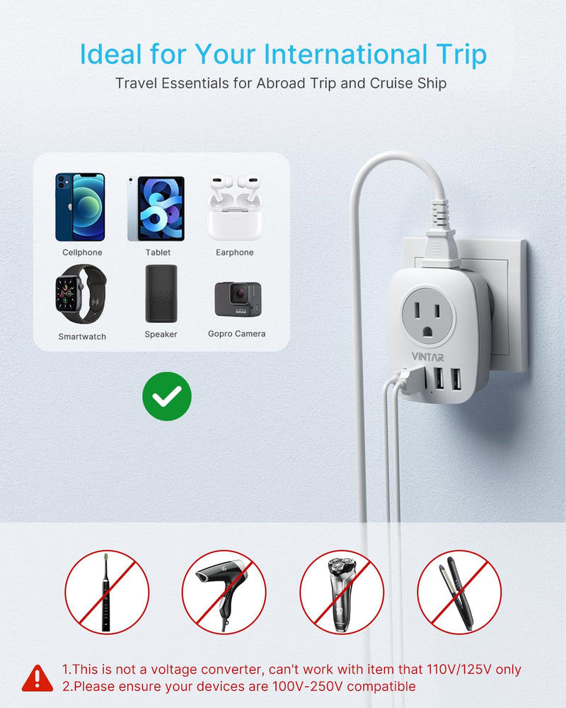2 Pack European Travel Plug Adapter, VINTAR International Power Plug Adapter with 1 USB C, 2 American Outlets and 3 USB Ports, 6 in 1 Travel Essentials to Most of Europe Greece, Italy(Type C) Type C - Most of Europe