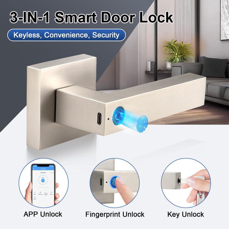 KNOBWELL Smart Fingerprint Door Lock with App Control, Smart Door Lock, Biometric Door Knob, Keyless Entry Door Lock with Handle for Home, Hotel, Apartment, Office, Airbnb-Silver Silver