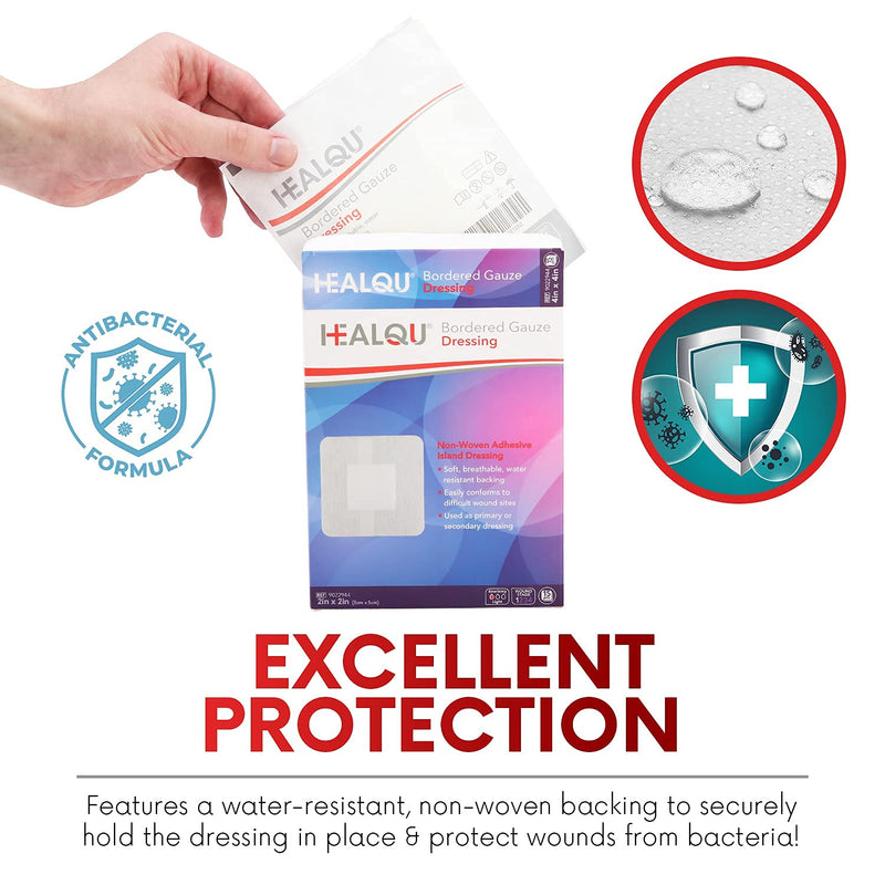 HEALQU Bordered Gauze Island Dressing - 50 Count, 2" x 2" Sterile Individually Wrapped Gauze Pads with Water-Resistant, Non-Woven Backing - Soft and Breathable Wound Dressing for First Aid and Medical 2x2" (1x1" pad) Box of 50