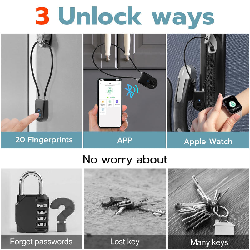 Fingerprint Cable Lock, 6" Long Cable Smart Padlock with Fingerprint Bluetooth APP, Keyless Biometric Waterproof Outdoor Gate Lock for Refrigerator French Door Fence Backyard Pantry Black 6" Shackle