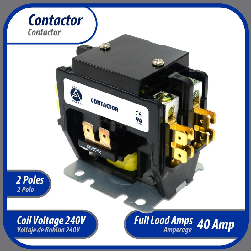 Appli Parts APAC-240240 Heavy Duty 2 Poles Contactor 40 Amp 240 Volts Coil Replacement for ac Compressor and Electrical Applications UL Certified 476929