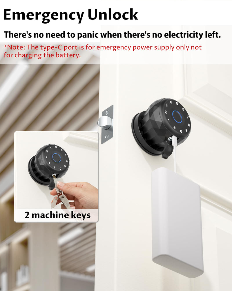 Biometric Fingerprint Door Lock, Smart Keyless Entry Knob | Fingerprint Unlock, Keypad Entry, APP Control, Auto Lock, Easy Install, Multi-User Access, Low Battery Alert, Bedroom Office Black-Diamond
