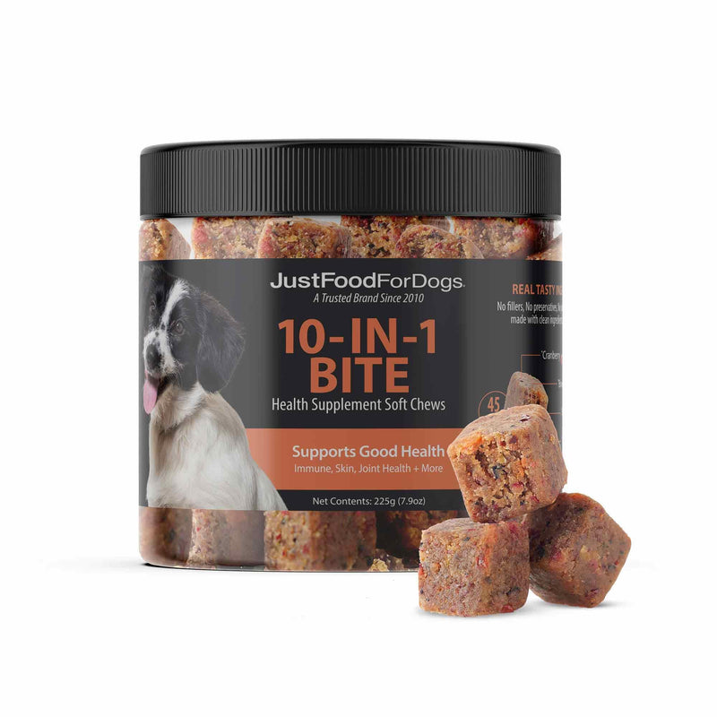 JustFoodForDogs 10-in-1 Supplement for Dogs, Human Grade Dog Supplements, Multivitamin Soft Chews, Immune, Skin and Joint Support, Omega 3 Oil, Superfood Blend, Plant Based Dog Vitamins - 45 Count 10-in-1 Bite