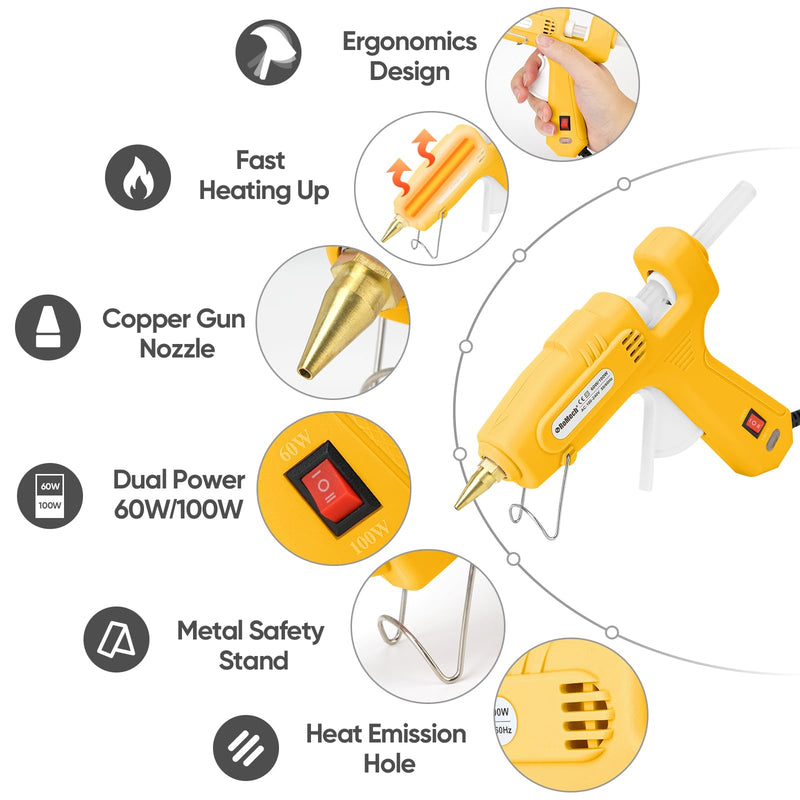 ROMECH 60/100W Dual Temp Hot Glue Gun and Sticks Set, Full Size with Case Yellow