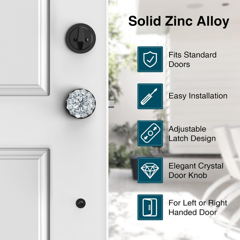 Black Front Door Handle and Deadbolt Set, Front Door Lock Set with Crystal Glass Door Knob, Entry Door Lock Set with Single Cylinder, Reversible for Right & Left, Matte Black Classic