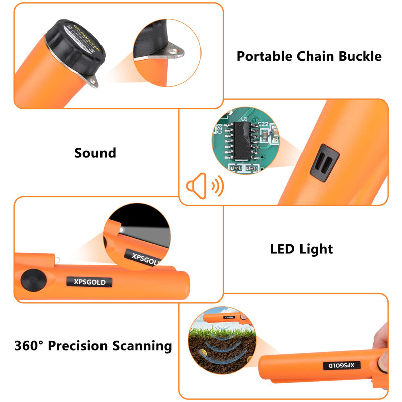 Metal Detector Pinpointing,Waterproof Pinpointer 360 Degree Search Gold&Treasure Finder with Belt Holster &LED Indicator& Buzzer Vibration, for Adults and Kids (Orange) Orange