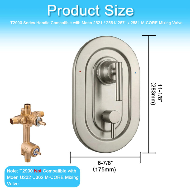 T2900BN Brushed Nickel Shower Handle 3-Function Transfer Valve Shower Trim Kit, Compatible with Moen T2900BN Gibson Posi-Temp Series, Multi-Function Shower Handle (Valve Not Included)