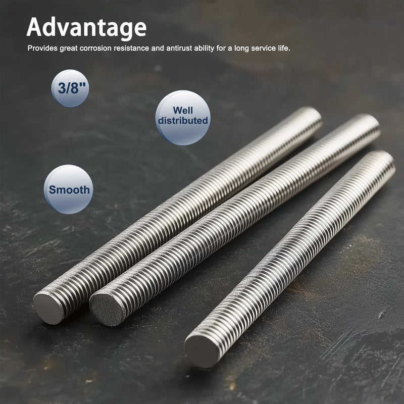 3/8"-16 Fully All Threaded Rod & Studs, 12" Length, 304 Stainless Steel Right Hand Thread Screw for Furniture Anchor Bolts, Clamps, Hangers and U-Bolts 2 Pack 3/8"-16 x 12"