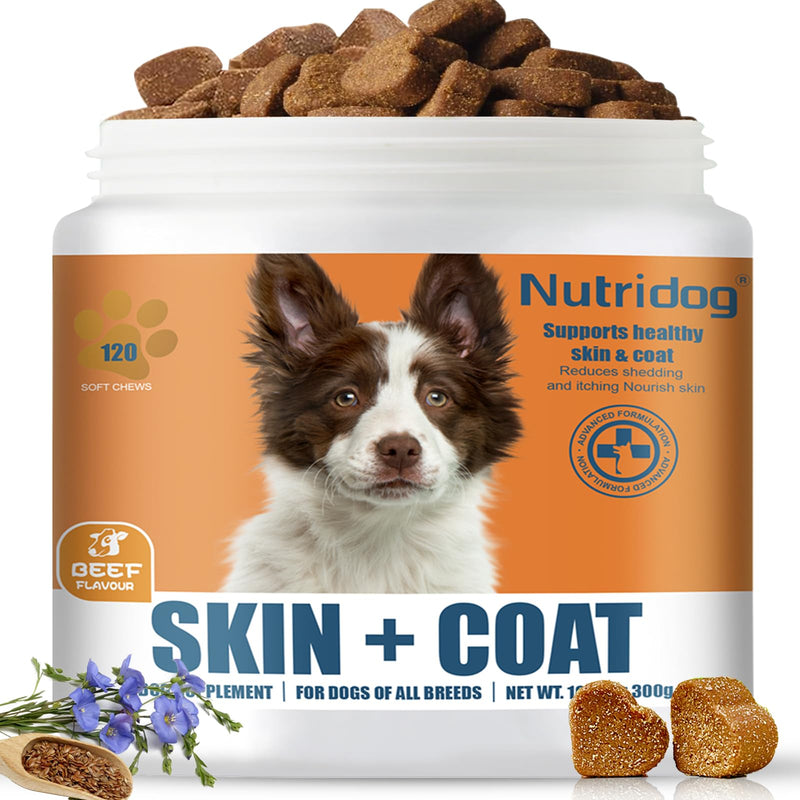 Dog Skin & Coat Chews 120 Count – Omega 3, 6 & 9 + Linoleic Acid & Vitamin E for Itching, Shedding & Allergy Relief, Dry Skin Support, Beef Flavor, All Breeds & Ages