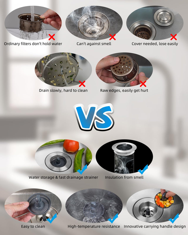 Hibbent Upgraded 3 in 1 Kitchen Sink Drain Strainer and Stopper Combo, Stainless Steel Metal Pop Up Sink Stopper, Anti-Clogging Basket with Foldable Handle for US Standard 3-1/2 Inch Drain Stainless Steel with 1 Strainer