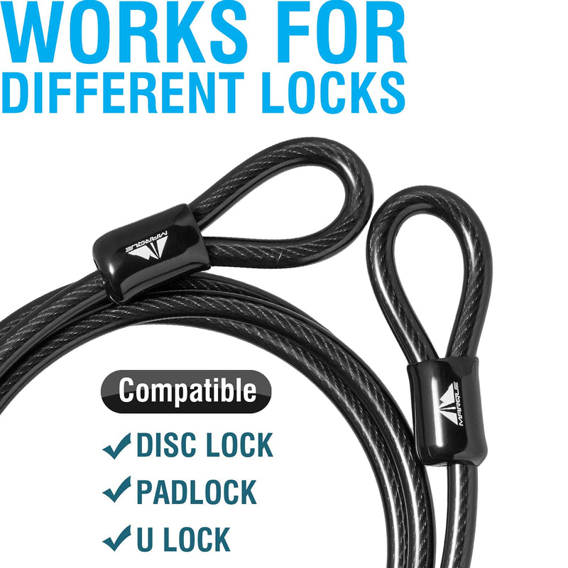 MARQUE Security Steel Cable - 3/8 inch (10 mm) Thick (4', 7', 15', 20' or 30') Vinyl Coated Braided Steel Cable with Double Sealed Looped Ends for U-Lock, Padlock, Disc Lock (15 FT) 15 FT